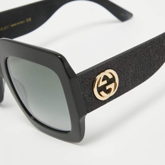 GUCCI Oversize Square Shiny Black Frame W/Black Glitter Arms Sunglasses $505 - Picture 2 of 10
